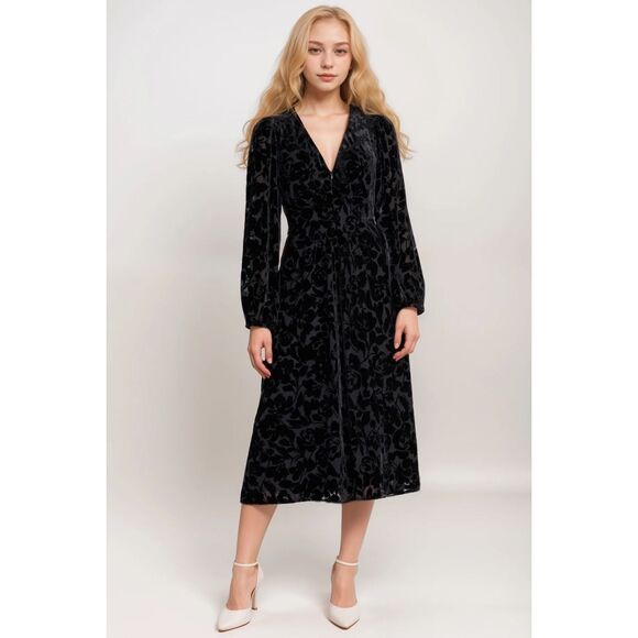 Johnny Was Jade Women’s Black Jacquard Velvet Burnout Silk Blend Wynnter Midi Dr - Picture 1 of 15